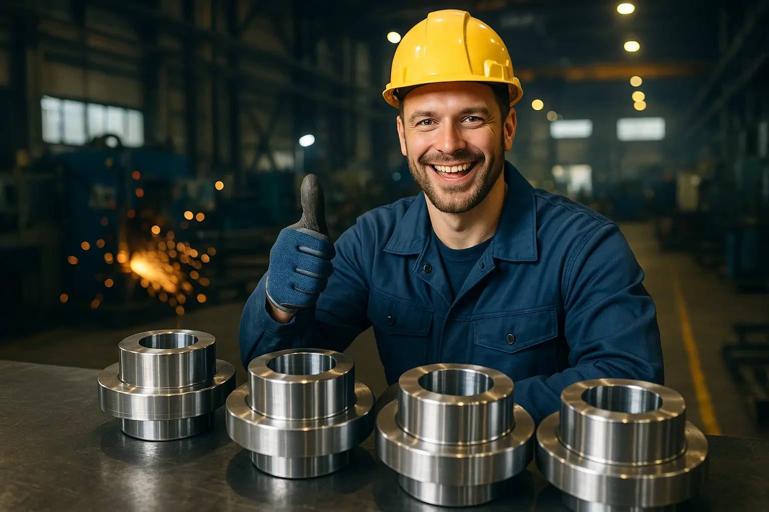 рабочий демонстрирует удовлетворение качеством металлоизделий