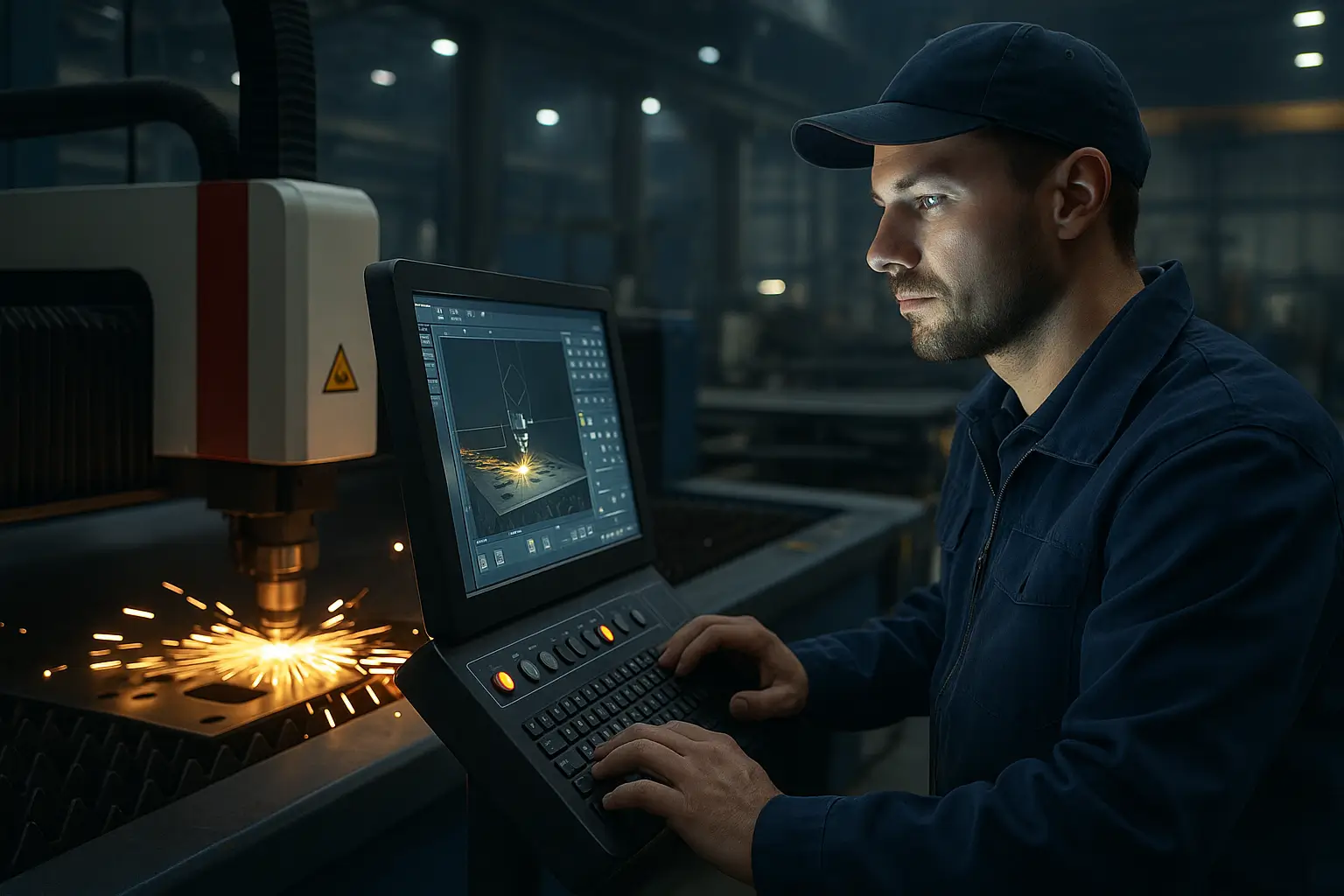 оператор контролирует лазерный станок при резке металла