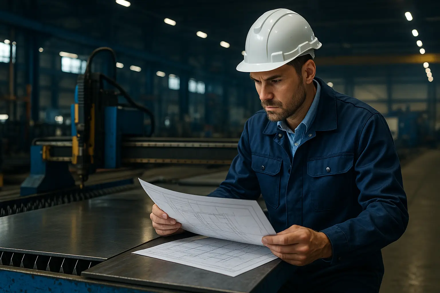 инженер проверяет чертеж с металлической заготовкой