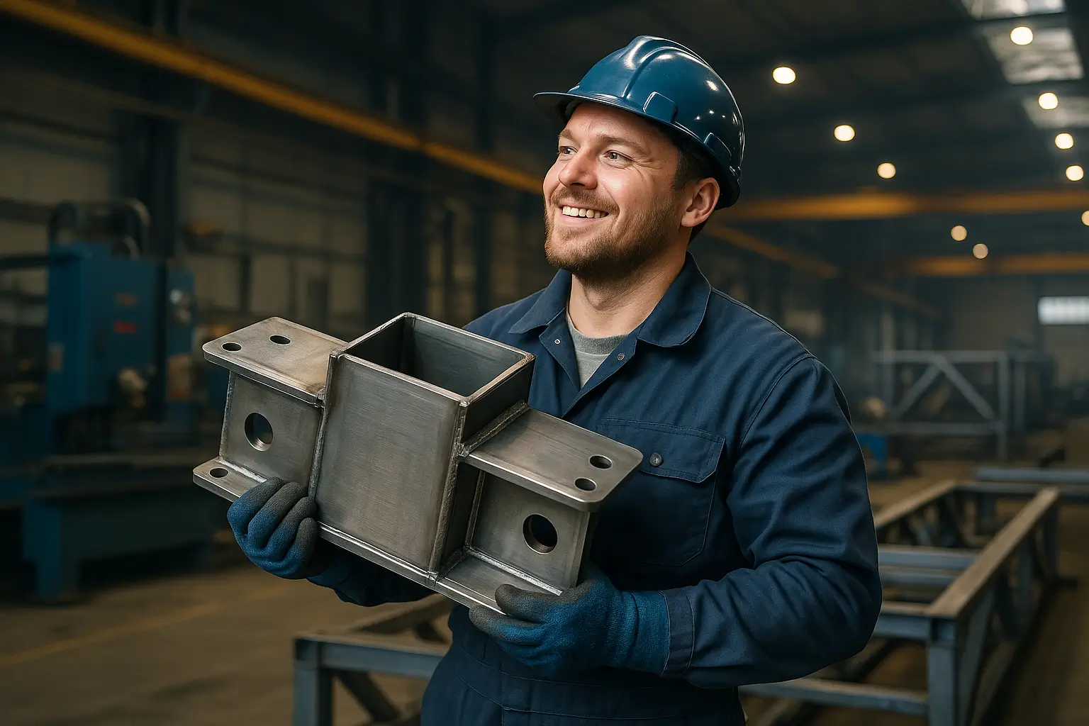 рабочий переносит обработанную металлическую деталь